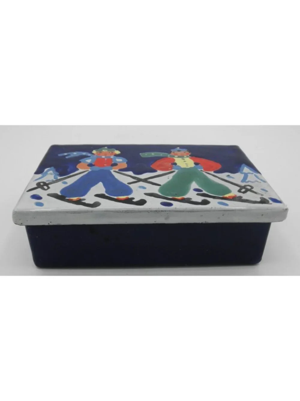 VTG Rectangular Enamel Over Metal Trinket Dresser Box Skiers FLAW CHIPPED ENAMEL